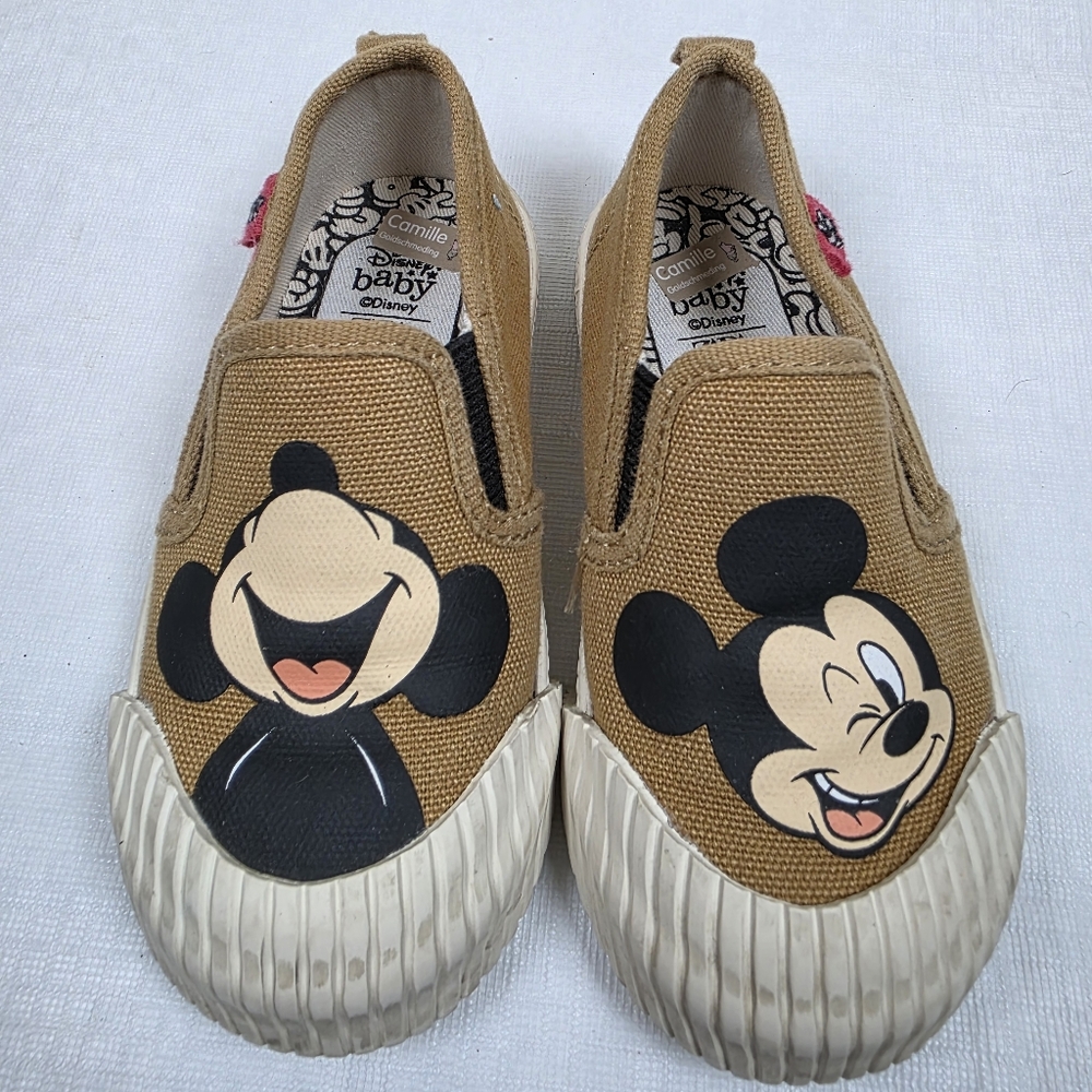 Zara Baby Mickey Mouse Sneakers Kids Size 23 Tan‎ Canvas Slip On Disney Shoes